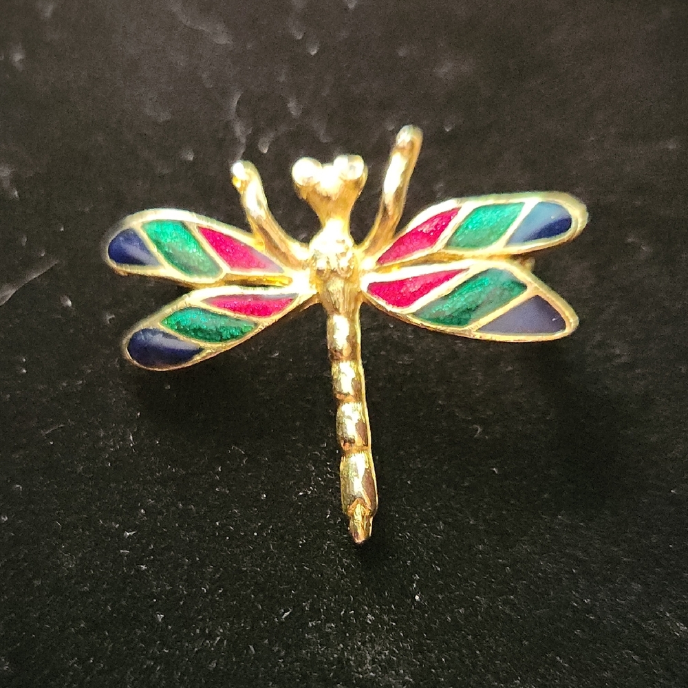 Elegant Gold Dragonfly Brooch with Multicolor Enamel